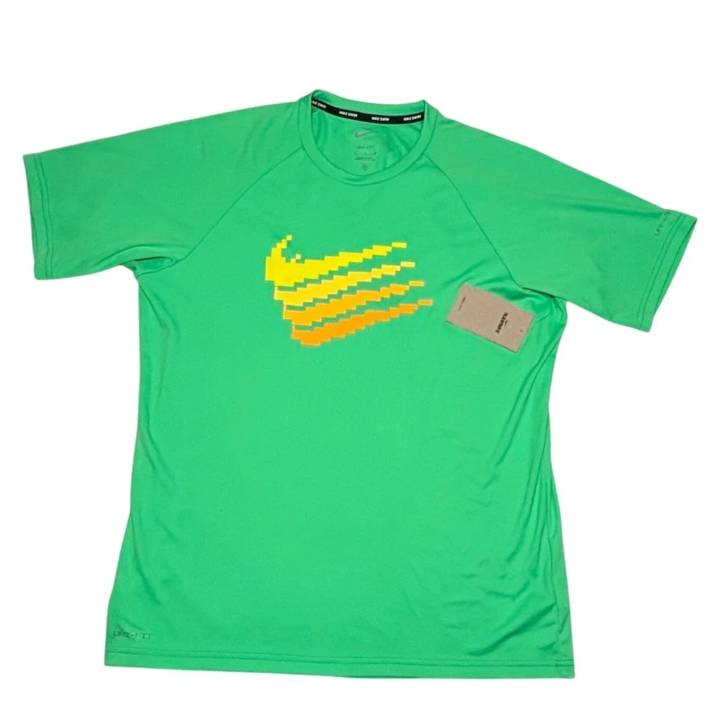 Nike Swim Mens Rash Guard Size Medium Digi Swoosh Green NESSD671-380 UPF 40+ NWT